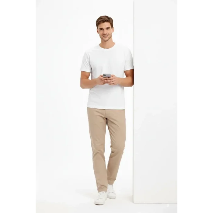 Erkek Bisiklet Yaka Yazlık Kısa kol Düz Tişört Regular Kalıp T-shirt - Beyaz