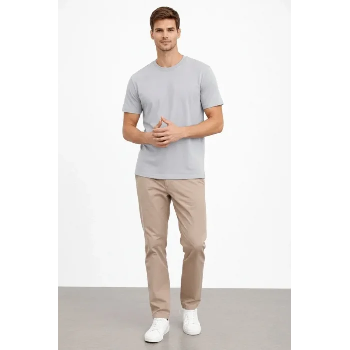 Erkek Bisiklet Yaka Yazlık Kısa kol Düz Tişört Regular Kalıp T-shirt - Gri