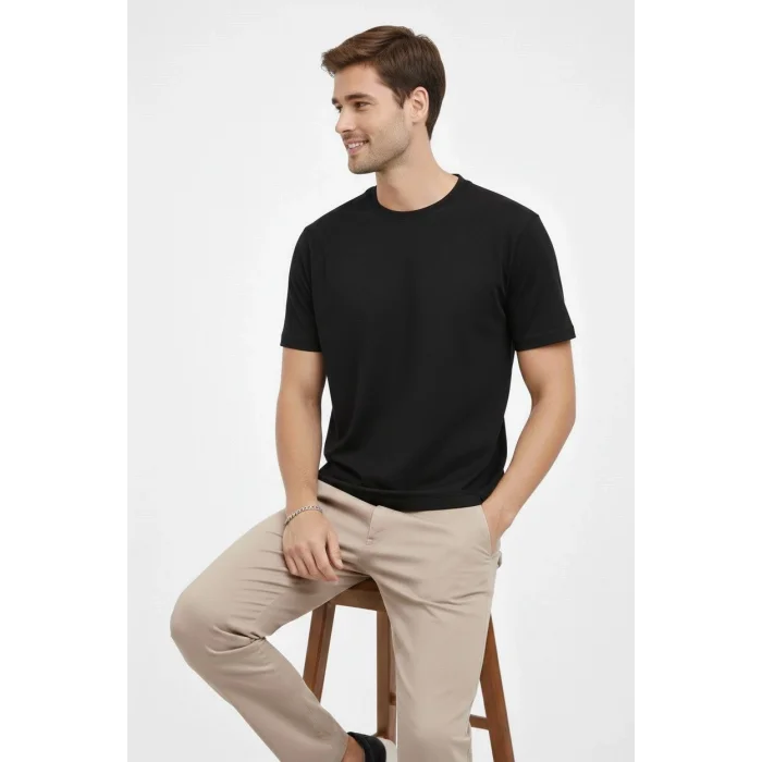 Erkek Bisiklet Yaka Tişört Regular Kalıp Basic Pamuklu Günlük Kullanım T-shirt - Siyah