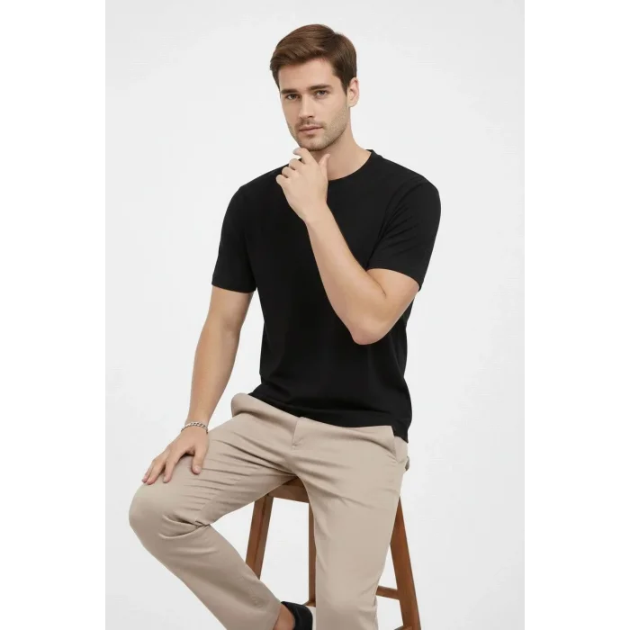 Erkek Bisiklet Yaka Yazlık Kısa kol Düz Tişört Regular Kalıp T-shirt - Siyah