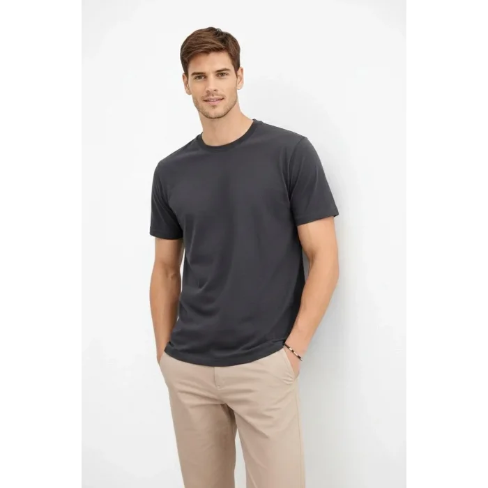 Erkek Bisiklet Yaka Yazlık Kısa kol Düz Tişört Regular Kalıp T-shirt - Füme