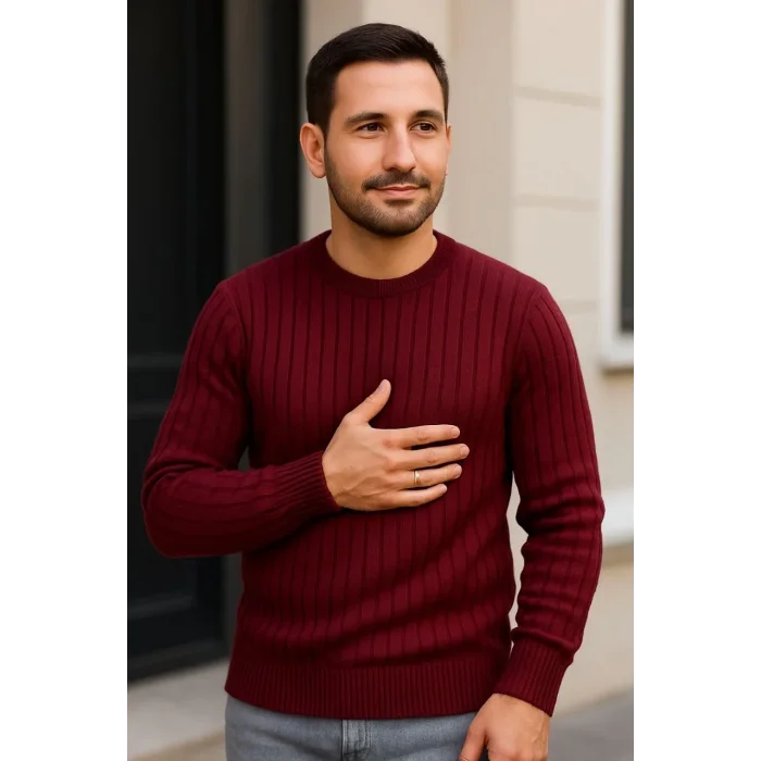 Erkek Bisiklet Yaka Triko Kazak Pamuklu Kalın Fitilli Dokuma Regular Fit - Bordo