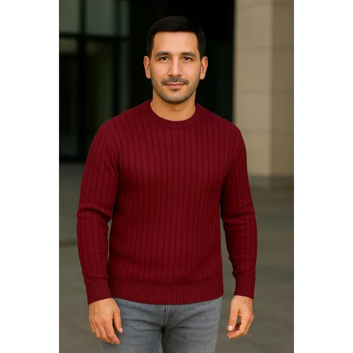 Erkek Bisiklet Yaka Triko Kazak Pamuklu Kalın Fitilli Dokuma Regular Fit - Bordo