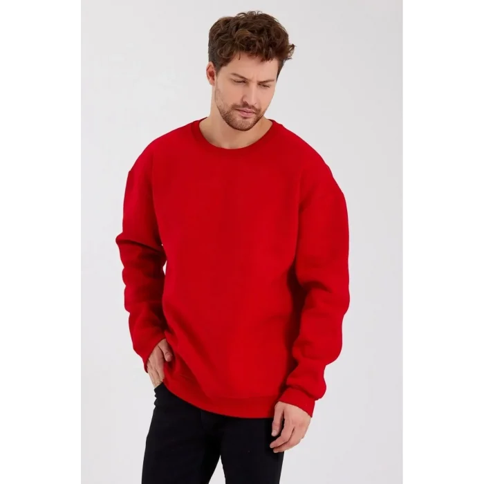 Erkek Bisiklet Yaka  üç iplik Sweatshirt- Kırmızı