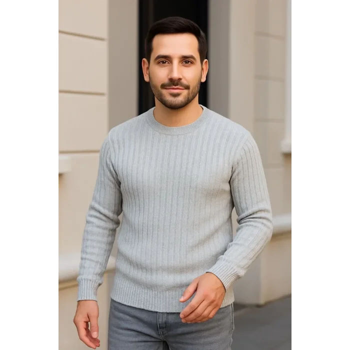 Erkek Bisiklet Yaka Triko Kazak Pamuklu Kalın Fitilli Dokuma Regular Fit - Gri