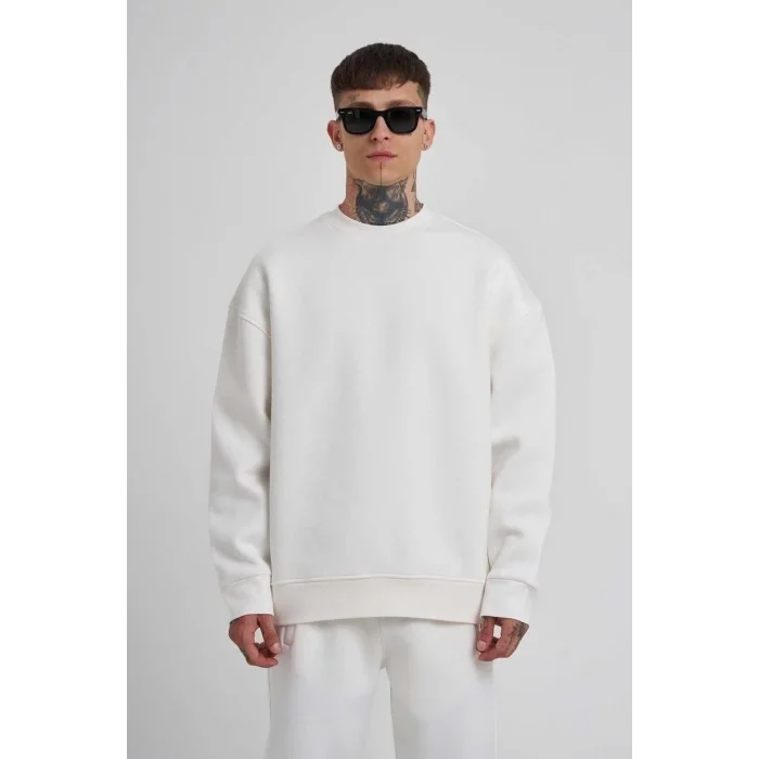 ERKEK Bisikilet Yaka 3 plik Pamuklu SweatShirt - Beyaz