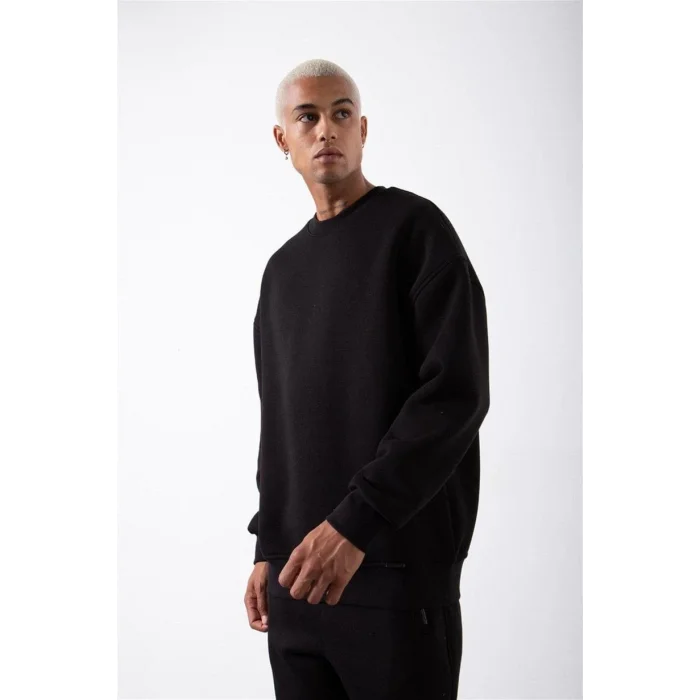 ERKEK Bisikilet Yaka 3 İplik Pamuklu SweatShirt - Siyah