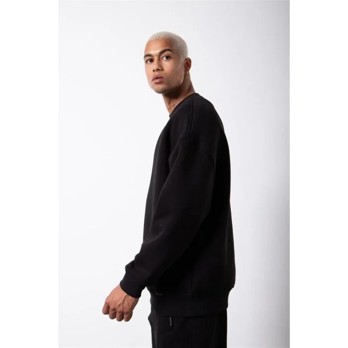 ERKEK Bisikilet Yaka 3 İplik Pamuklu SweatShirt - Siyah