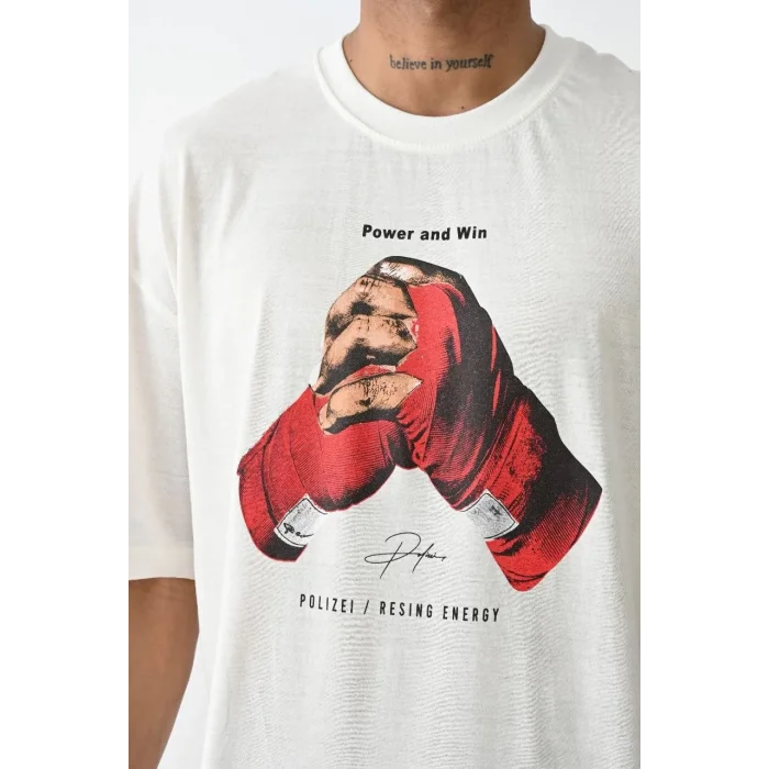 Erkek Box Eldiven Baskılı T-Shirt Kısa Kol Bisiklet Yaka Tişört - Beyaz