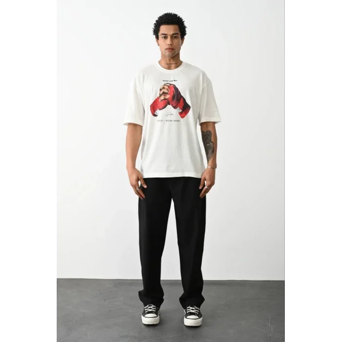 Erkek Box Eldiven Baskılı T-Shirt Kısa Kol Bisiklet Yaka Tişört - Beyaz