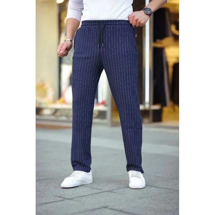 Erkek Cizgili Dokuma Krep Jogger Buggy Pantalon Rahat kalıp - Lacivert