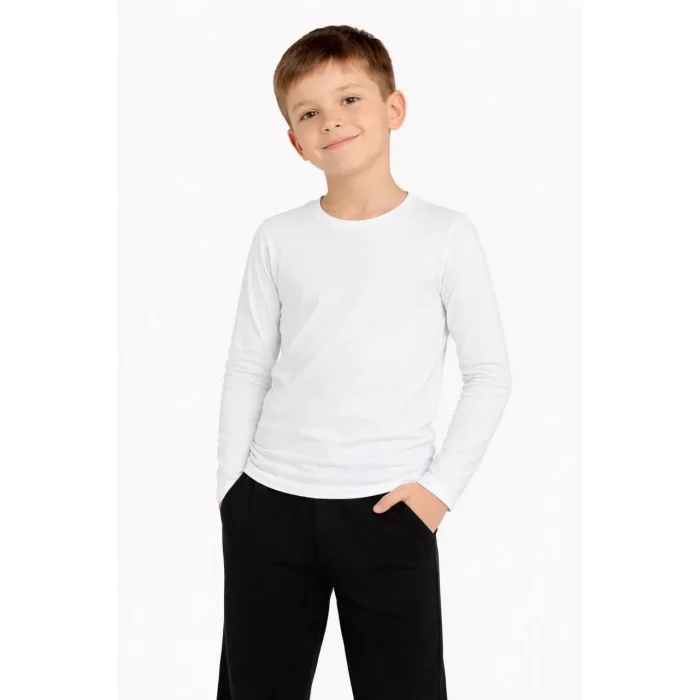 Erkek Çocuk Basic Uzun Kollu Tişört Okul Günlük Rahat T-Shirt - Beyaz