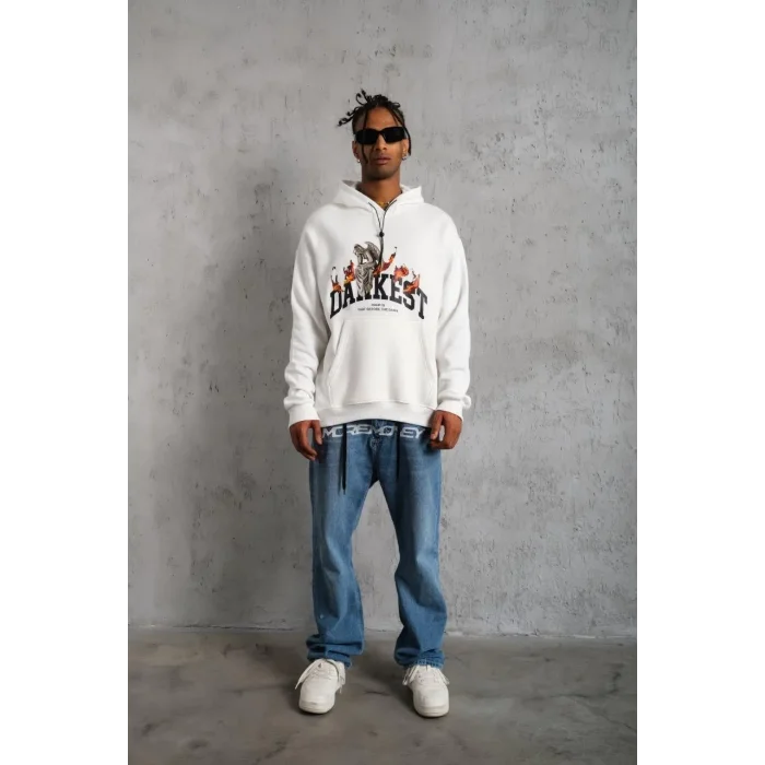 Erkek 3 İplik Pamuklu Kapüşonlu Baskılı Cepli Oversize Sweatshirt Hoodie - Beyaz