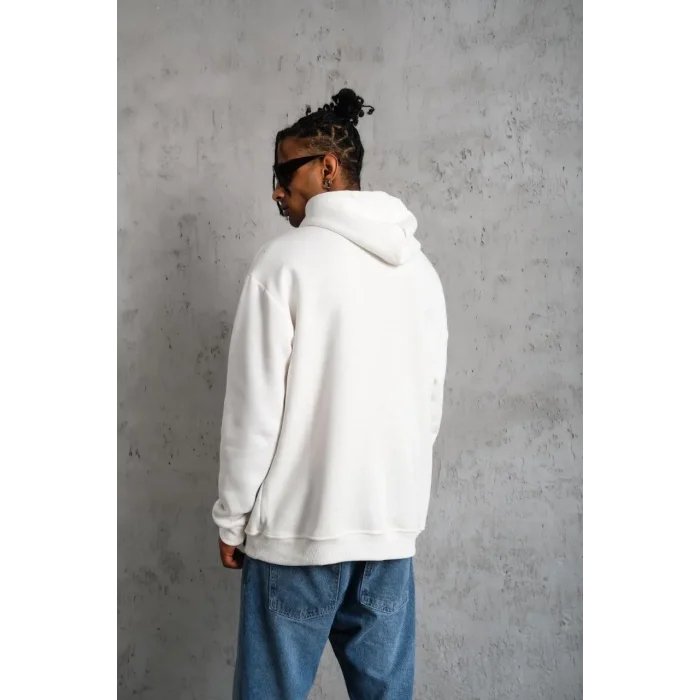 Erkek 3 İplik Pamuklu Kapüşonlu Baskılı Cepli Oversize Sweatshirt Hoodie - Beyaz