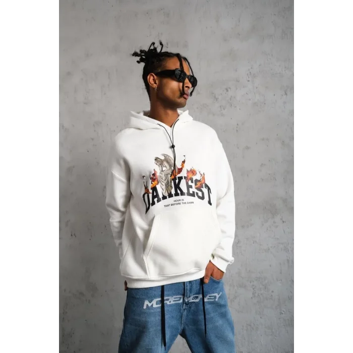 Erkek 3 İplik Pamuklu Kapüşonlu Baskılı Cepli Oversize Sweatshirt Hoodie - Beyaz