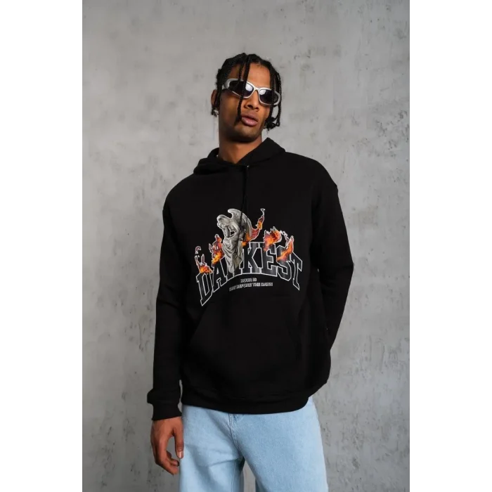 Erkek 3 İplik Pamuklu Kapüşonlu Baskılı Cepli Oversize Sweatshirt Hoodie - Siyah