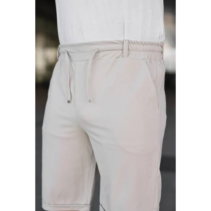 Erkek Diagonel Kumaş Duble Paça Cepli Bağcıklı Bel Lastikli ŞORT - Krem