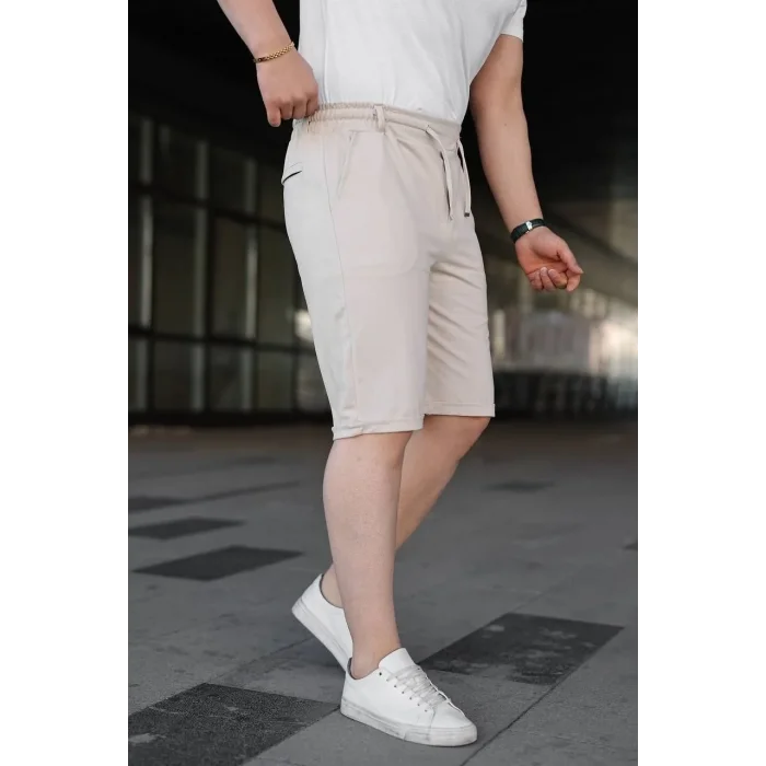 Erkek Diagonel Kumaş Duble Paça Cepli Bağcıklı Bel Lastikli ŞORT - Krem