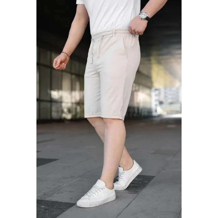 Erkek Diagonel Kumaş Duble Paça Cepli Bağcıklı Bel Lastikli ŞORT - Krem