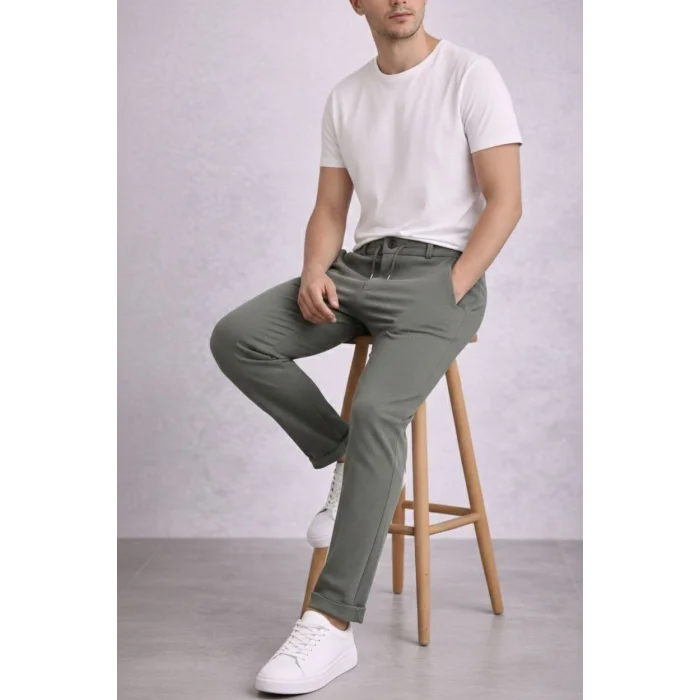 Erkek Diagonel Mikro dokulu Duble Paça Cepli Pantolon Bağcıklı Bel, Modern Kesim - Haki