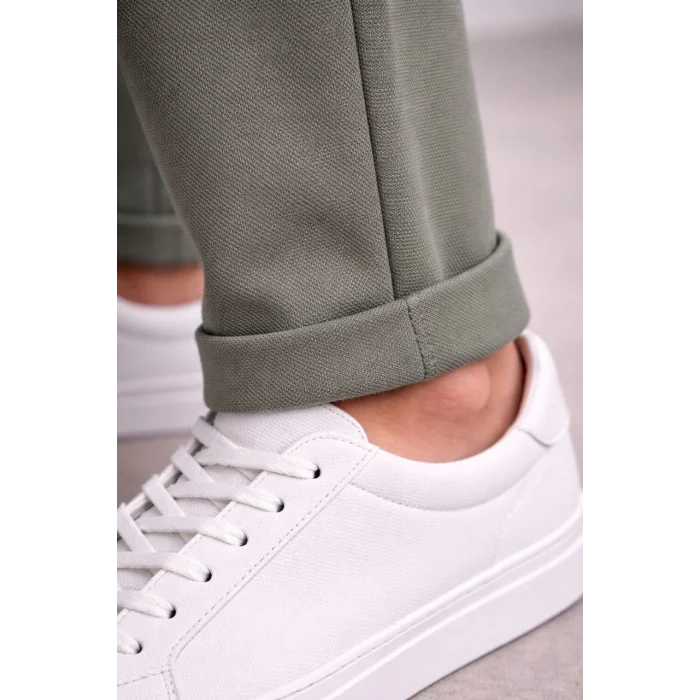 Erkek Diagonel Mikro dokulu Duble Paça Cepli Pantolon Bağcıklı Bel, Modern Kesim - Haki