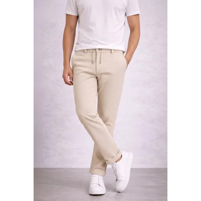 Erkek Diagonel Mikro dokulu Duble Paça Cepli Pantolon Bağcıklı Bel, Modern Kesim - Krem