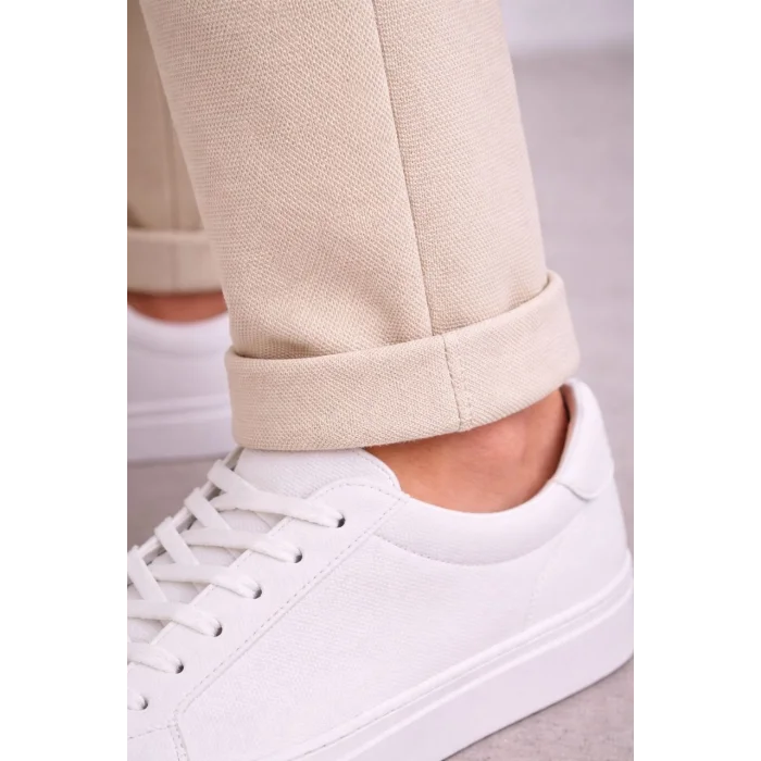 Erkek Diagonel Mikro dokulu Duble Paça Cepli Pantolon Bağcıklı Bel, Modern Kesim - Krem