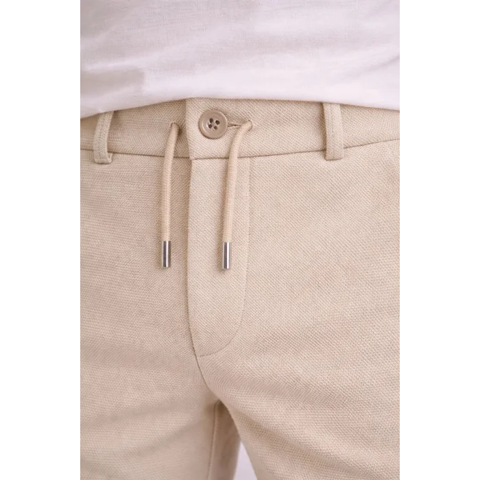 Erkek Diagonel Mikro dokulu Duble Paça Cepli Pantolon Bağcıklı Bel, Modern Kesim - Krem