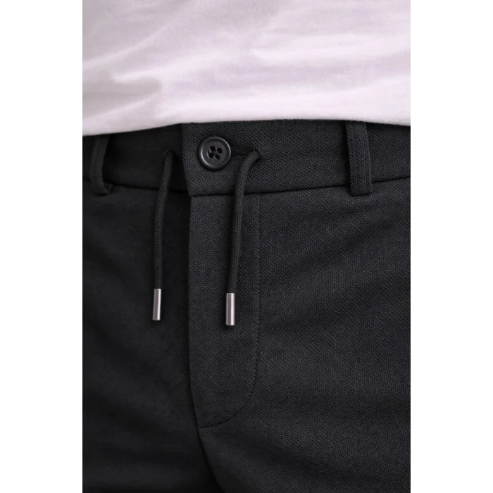 Erkek Diagonel Mikro dokulu Duble Paça Cepli Pantolon Bağcıklı Bel, Modern Kesim - Siyah