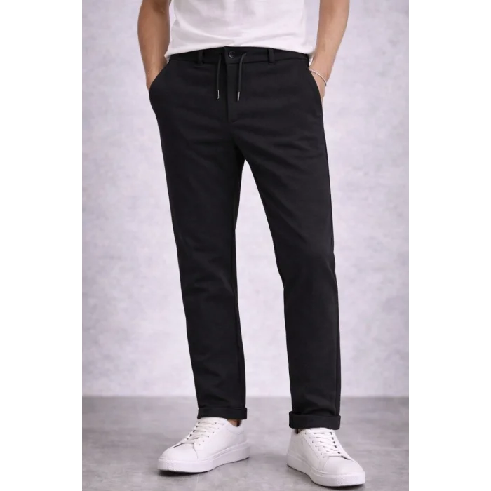 Erkek Diagonel Mikro dokulu Duble Paça Cepli Pantolon Bağcıklı Bel, Modern Kesim - Siyah