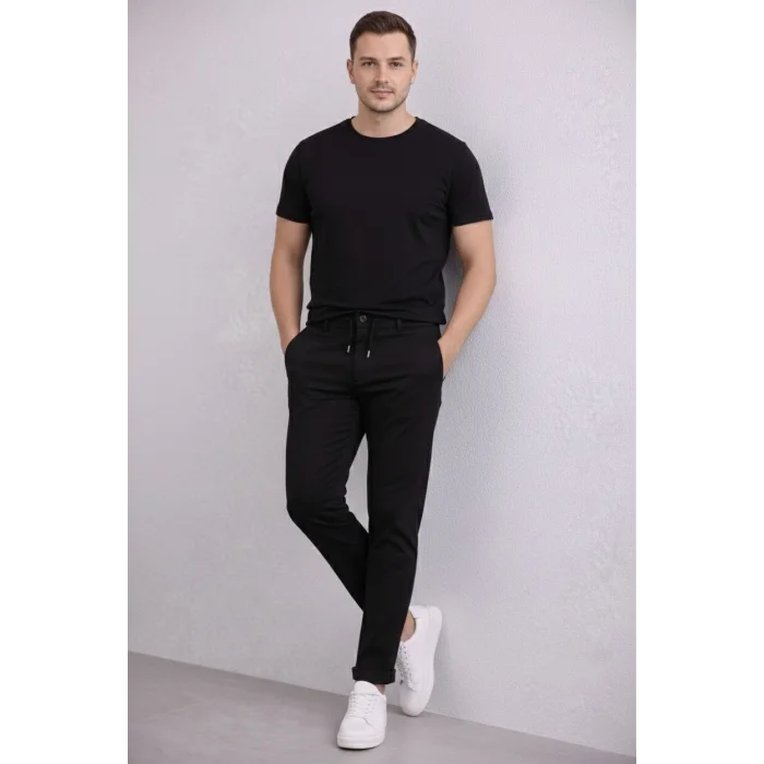 Erkek Diagonel Mikro dokulu Duble Paça Cepli Pantolon Bağcıklı Bel, Modern Kesim - Siyah