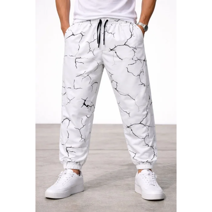 Erkek Dijital Baskılı Eşofman Altı Kışlık Üç İplik Şardonlu Kumaş Lastikli Paça, Cepli, Rahat Kalıp - Beyaz