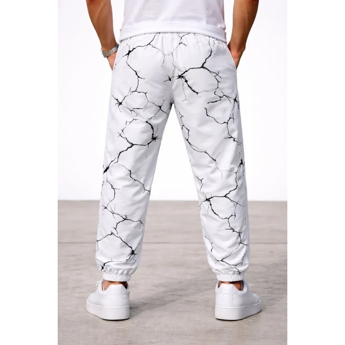 Erkek Dijital Baskılı Eşofman Altı Kışlık Üç İplik Şardonlu Kumaş Lastikli Paça, Cepli, Rahat Kalıp - Beyaz