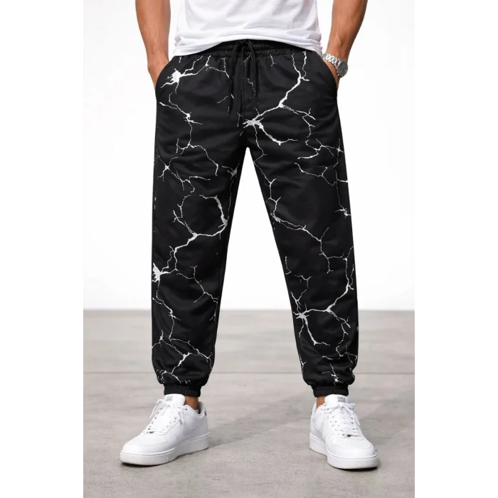 Erkek Dijital Baskılı Eşofman Altı Kışlık Üç İplik Şardonlu Kumaş Lastikli Paça, Cepli, Rahat Kalıp - Siyah