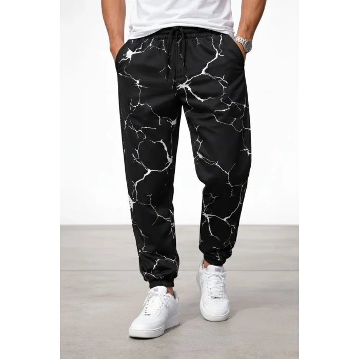 Erkek Dijital Baskılı Eşofman Altı Kışlık Üç İplik Şardonlu Kumaş Lastikli Paça, Cepli, Rahat Kalıp - Siyah