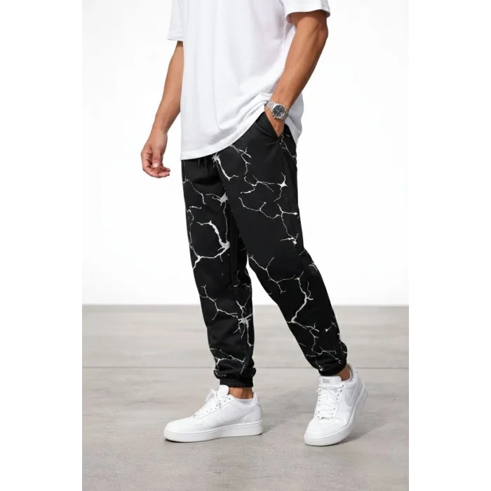 Erkek Dijital Baskılı Eşofman Altı Kışlık Üç İplik Şardonlu Kumaş Lastikli Paça, Cepli, Rahat Kalıp - Siyah