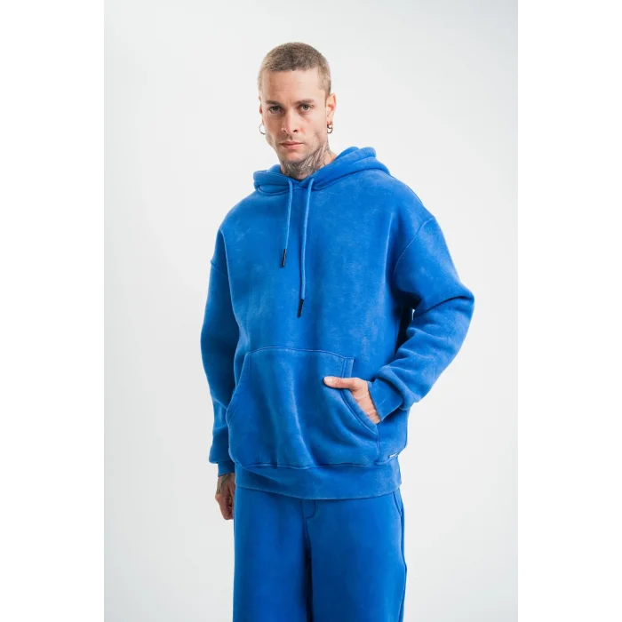 ERKEK 3 İplik Pamuklu Oversize Kapüşonlu Yıkamalı Hoodie SweatShirt - Mavi