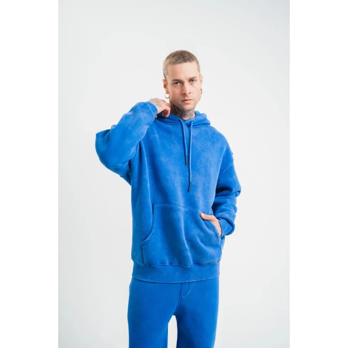 ERKEK 3 İplik Pamuklu Oversize Kapüşonlu Yıkamalı Hoodie SweatShirt - Mavi