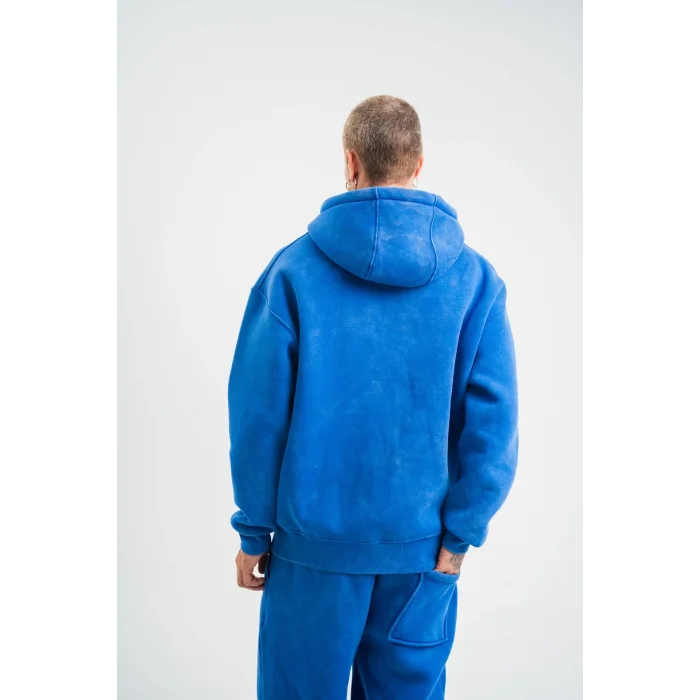 ERKEK 3 İplik Pamuklu Oversize Kapüşonlu Yıkamalı Hoodie SweatShirt - Mavi