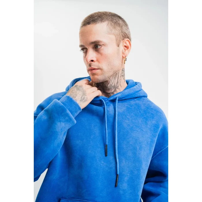 ERKEK 3 İplik Pamuklu Oversize Kapüşonlu Yıkamalı Hoodie SweatShirt - Mavi
