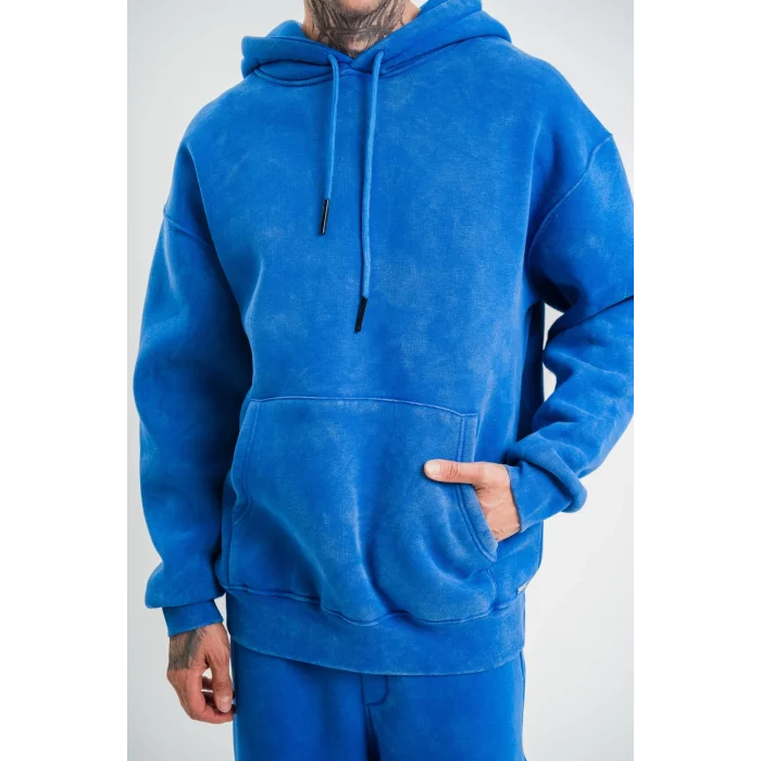 ERKEK 3 İplik Pamuklu Oversize Kapüşonlu Yıkamalı Hoodie SweatShirt - Mavi