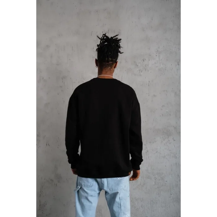 Erkek Bisiklet Yaka Baskılı 3 İplik Pamuklu Sweatshirt -  Siyah