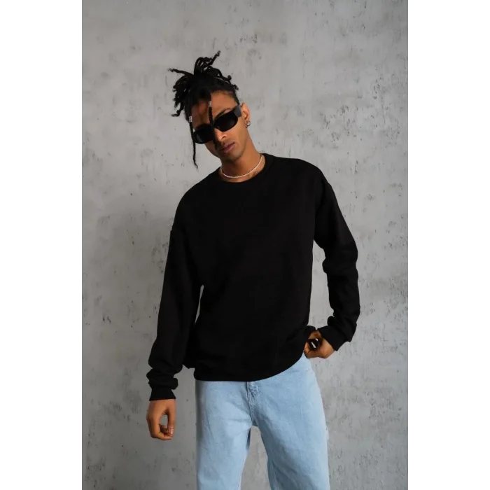 Erkek Bisiklet Yaka Baskılı 3 İplik Pamuklu Sweatshirt -  Siyah