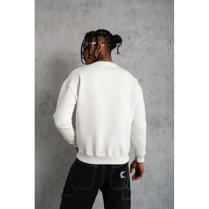 Erkek Düz Bisiklet Yaka 3 iplik pamuklu Sweatshirt - Beyaz