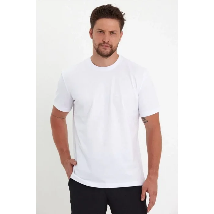 Erkek Düz Penye Tişört Bisiklet Yaka Kısa Kol Regular Fit T-Shirt - Beyaz