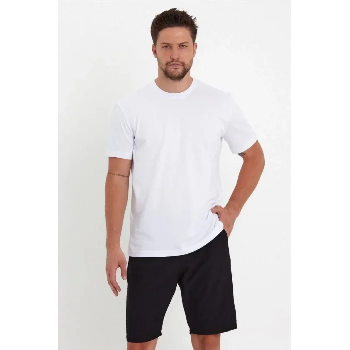 Erkek Düz Penye Tişört Bisiklet Yaka Kısa Kol Regular Fit T-Shirt - Beyaz