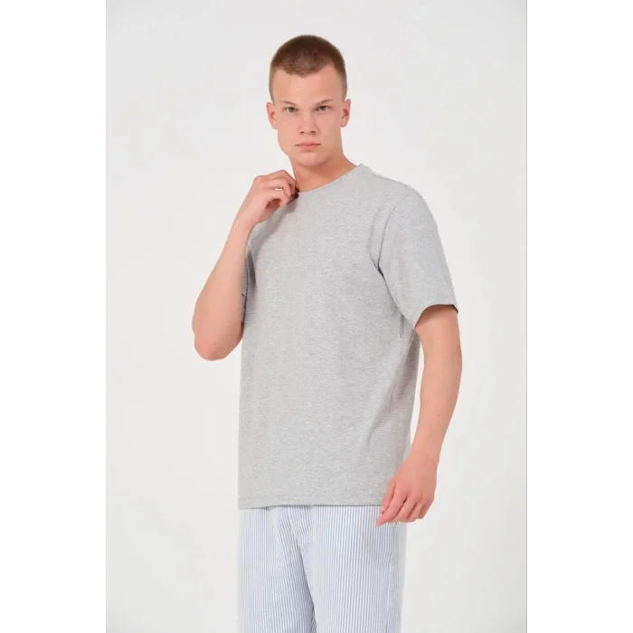 Erkek Düz Penye Tişört Bisiklet Yaka Kısa Kol Regular Fit T-Shirt - Gri