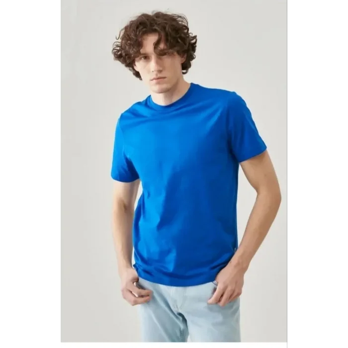 Erkek Düz Penye Tişört Bisiklet Yaka Kısa Kol Regular Fit T-Shirt - Mavi