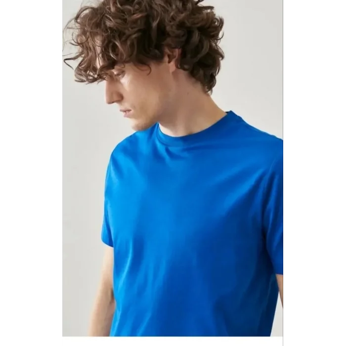 Erkek Düz Penye Tişört Bisiklet Yaka Kısa Kol Regular Fit T-Shirt - Mavi