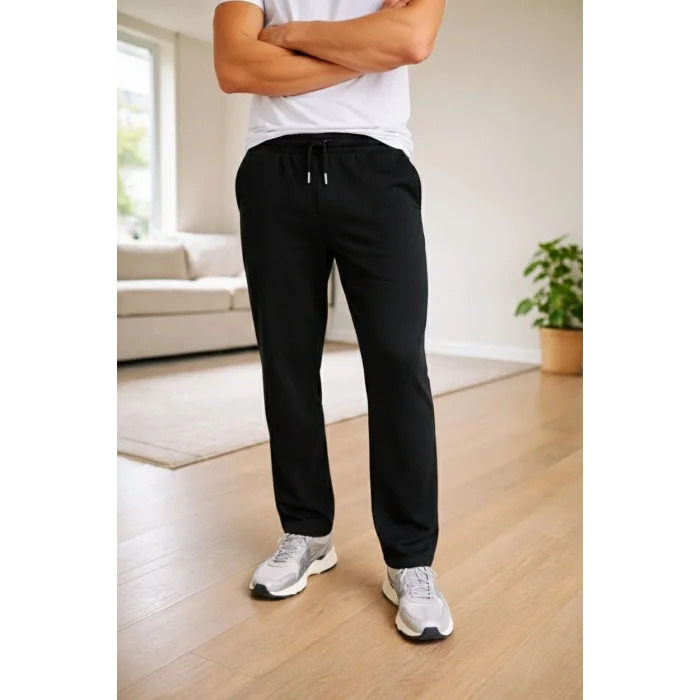 Erkek Düz Paça Beli Lastikli İpli Günlük Spor Eşofman Altı Rahat Fit - Siyah